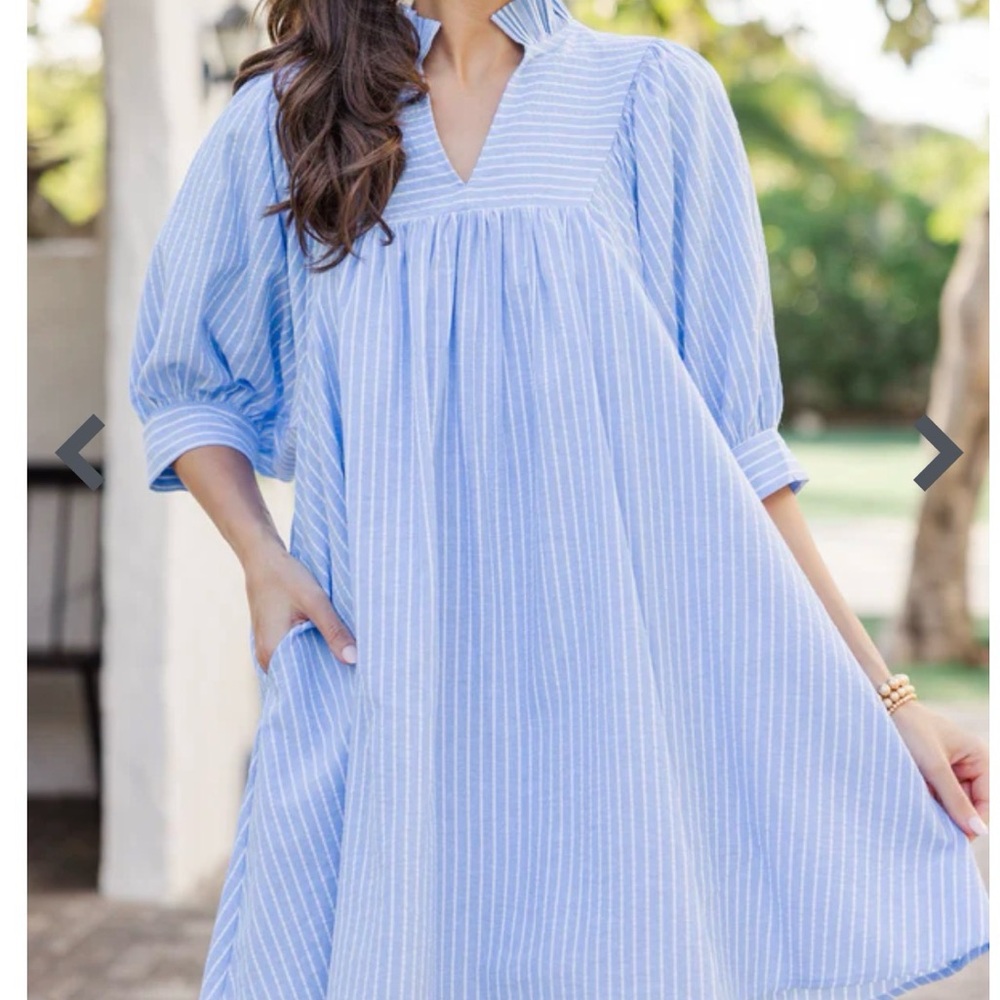 entro rebranded Lavish Boutique Light Blue and White Striped V-Neck Midi Dress - Picture 1 of 5